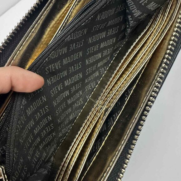 Steve Madden Navy Blue Embossed Logo Zip-Around Wallet with Gold Interior - Picture 7 of 9